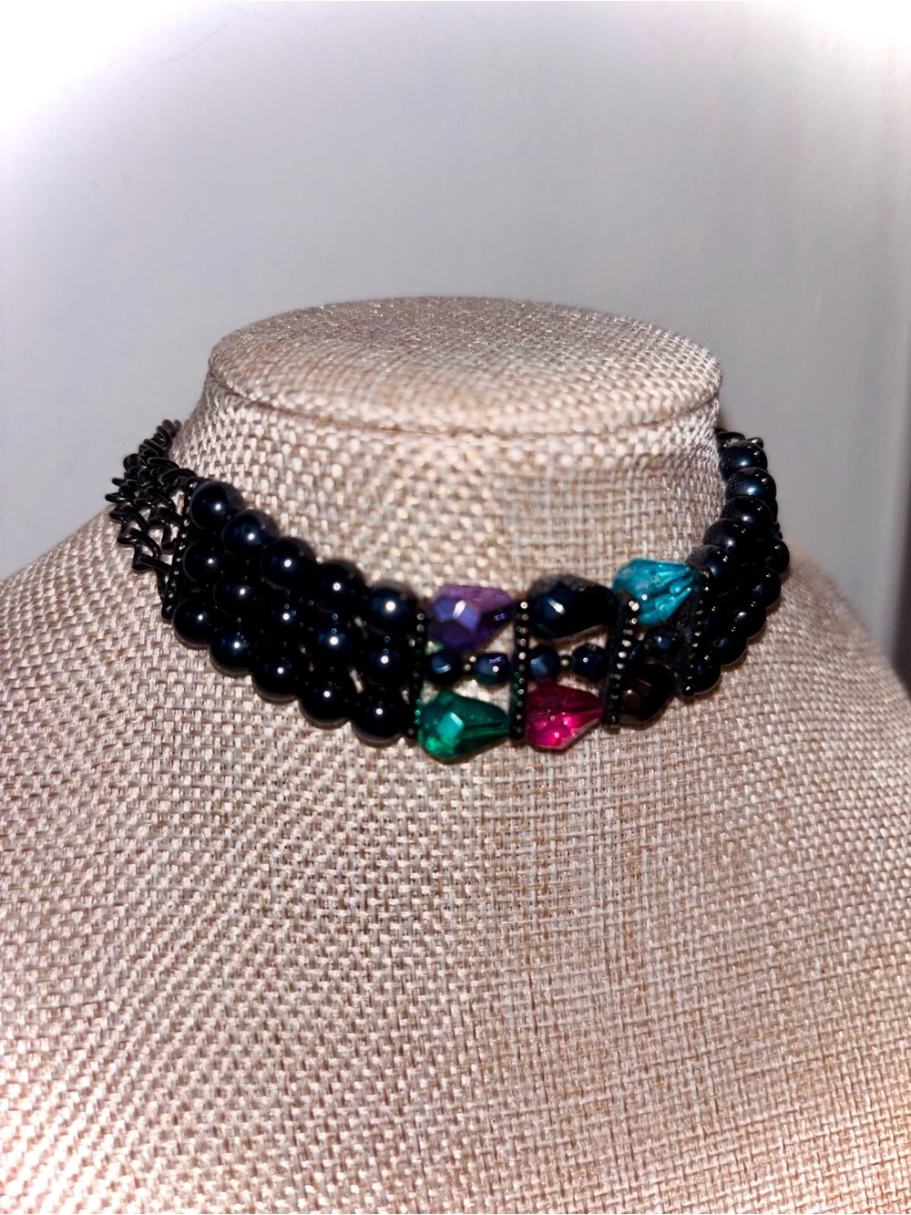 Vintage Jewel Tone Romantic Goth Beaded Choker Necklace Heirloom - Picture 3 of 15